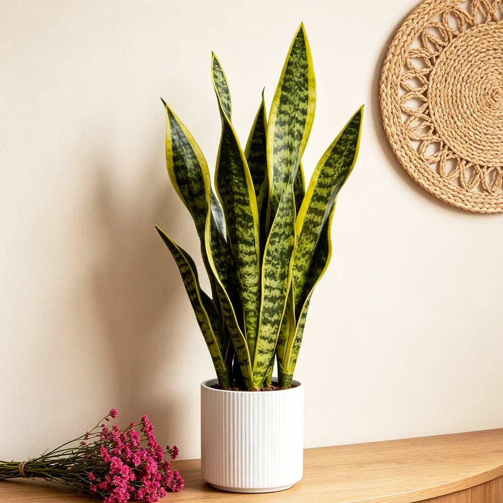 Potted snake plant on a wooden surface with a decorative wall hanging in the background
