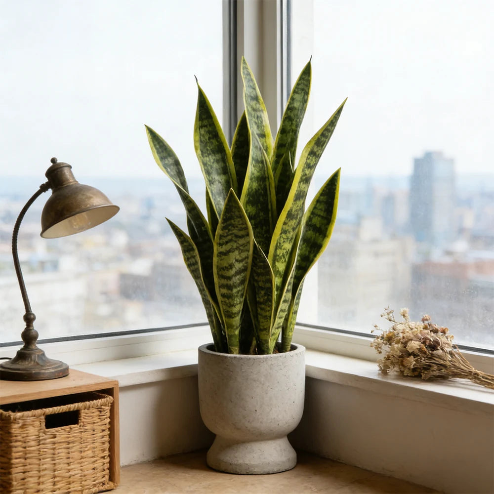Potted snake plant on a windowsill with a cityscape view